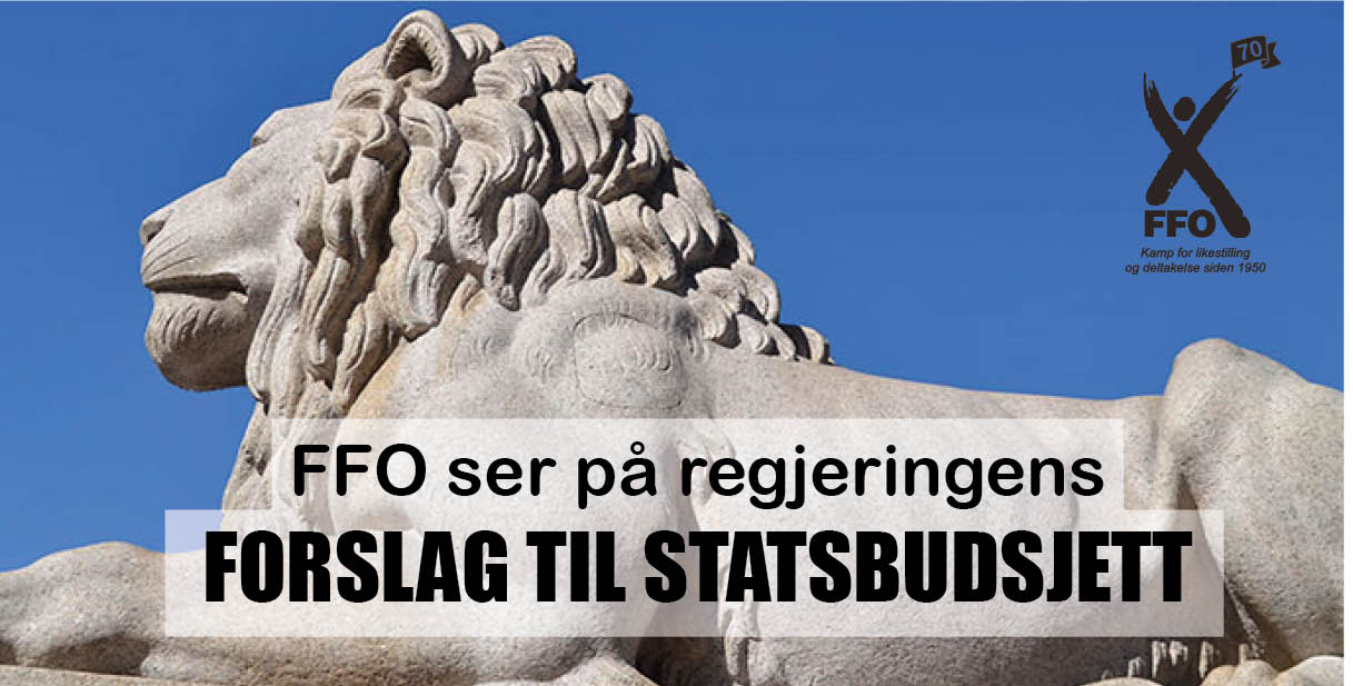 Løven foran Stortinget med teksten "FFOs betraktninger om forslag til statsbudsjett