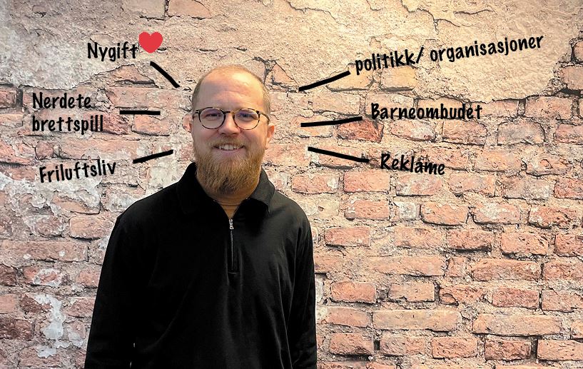 Sveinung med stikkordene nygift, nerdete brettspill. friluftsliv, politikk, organisasjoner, reklame 