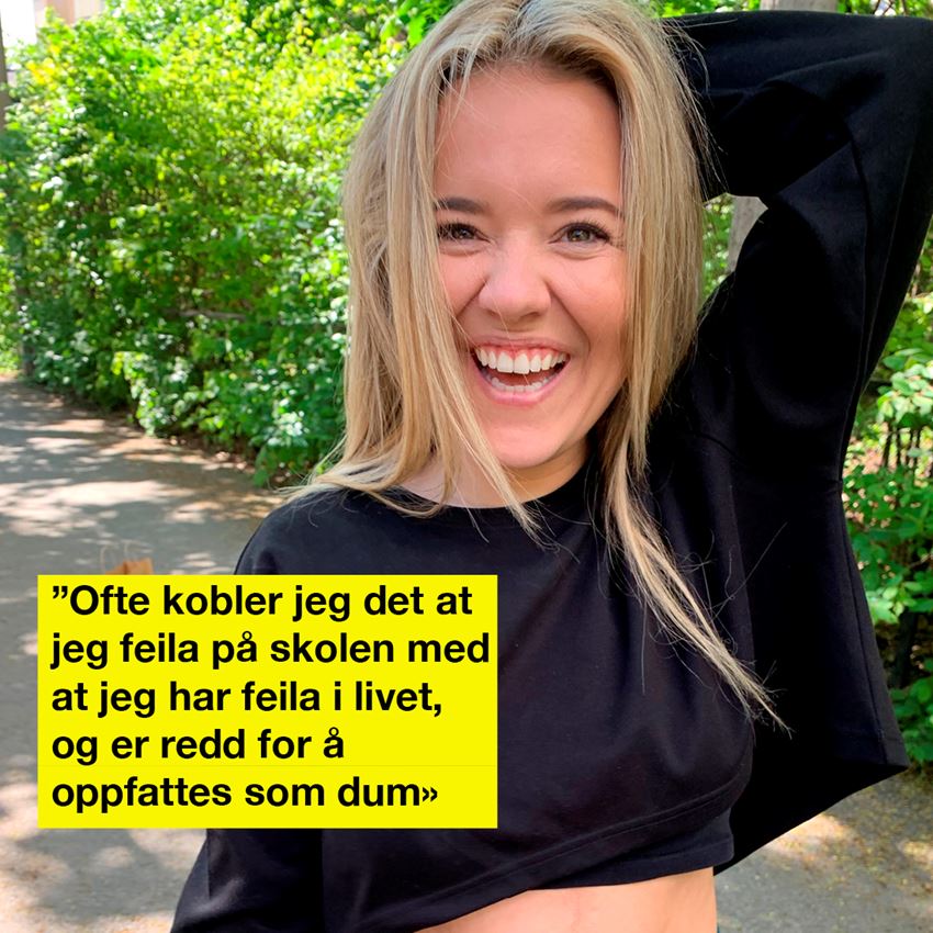 Portrett av Marianne med sitatet "ofte kobla jeg det at jeg feila på skolen med at jeg feila i livet, og var redd for å bli oppfattet som dum"